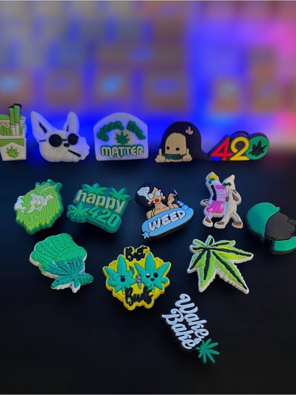 14 Jibbiz Green Leaf 420 Crocs Shoe Charms - Set of Colorful Cannabis-Themed